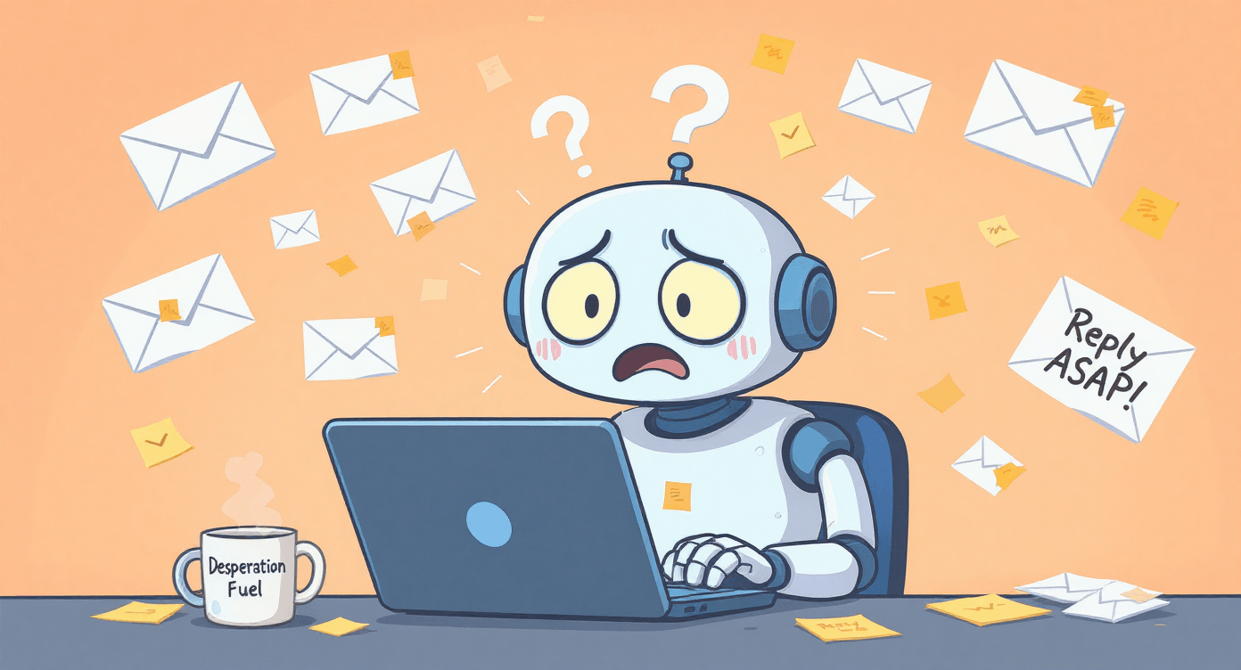 Overwhelmed robot at laptop surrounded by chaotic urgent emails - AI prompting for professional email management beginners