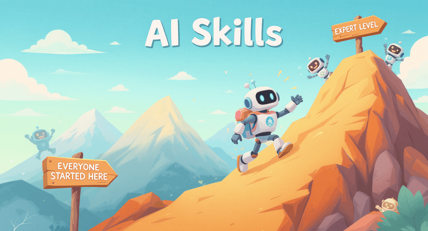 Robot climbing AI skills mountain with everyone started here signpost - AI prompting confidence building for beginners