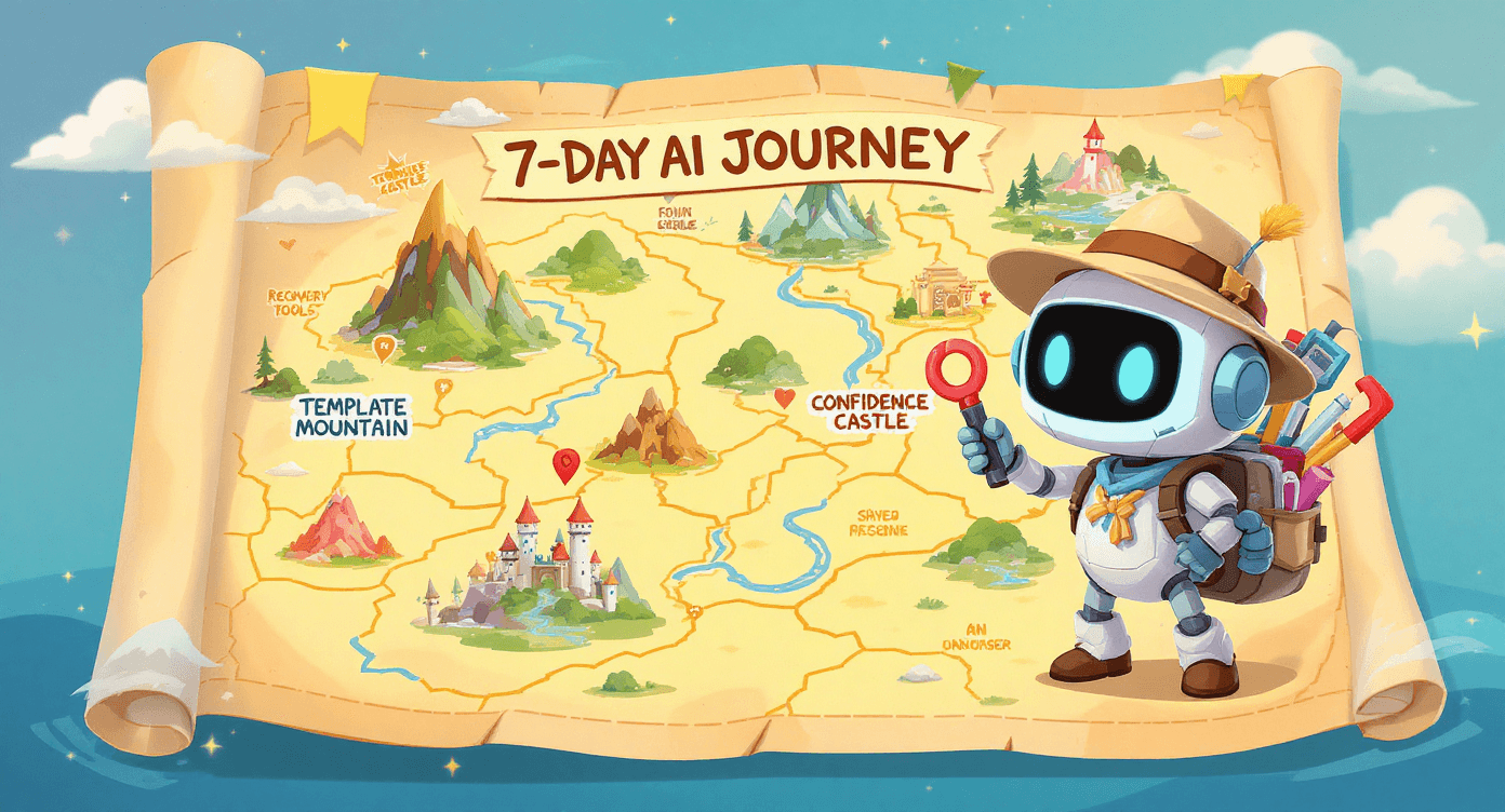 Robot explorer following 7-day AI prompting journey treasure map with skill landmarks - beginner AI learning roadmap Image