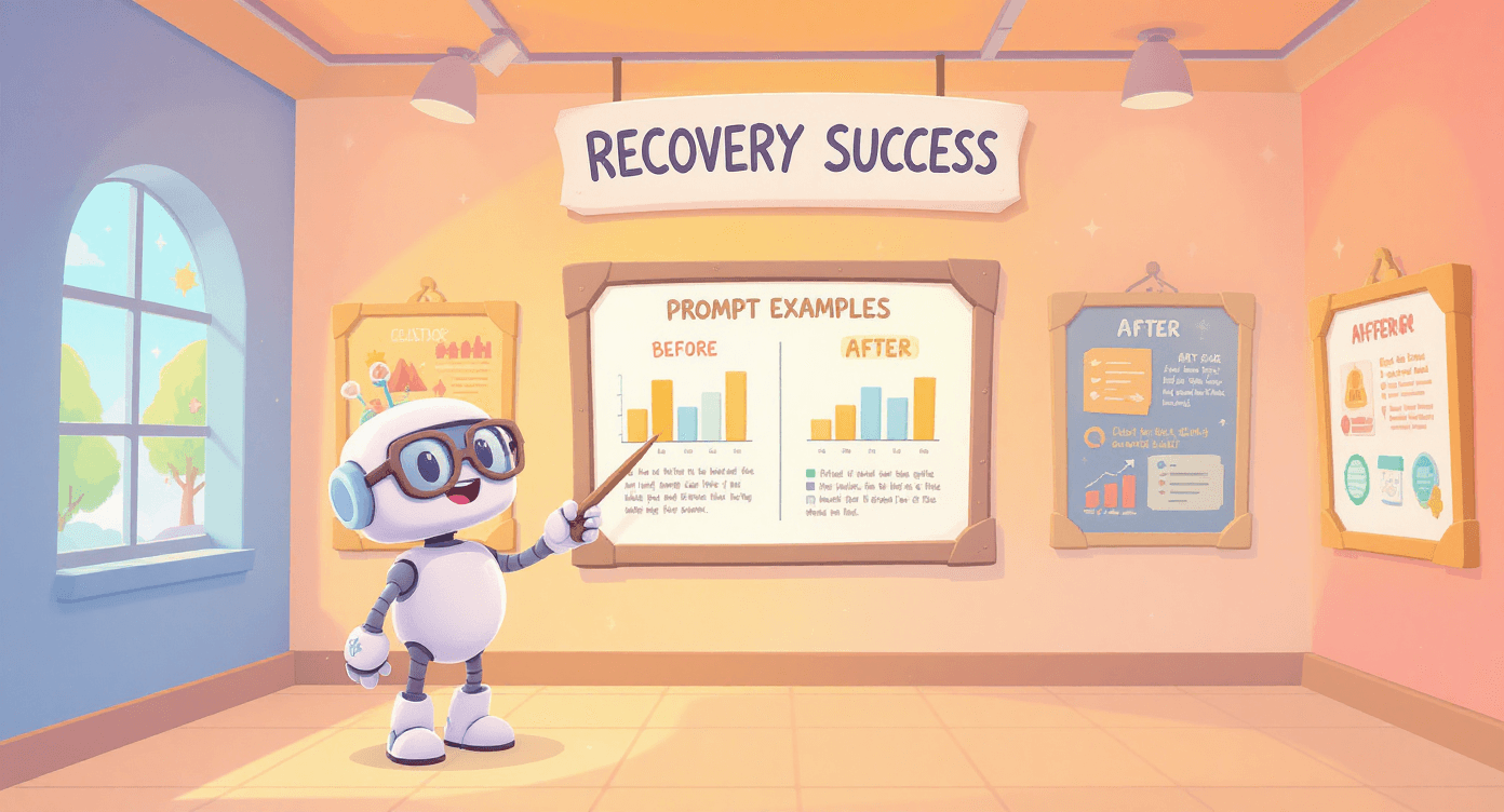 Robot curator displaying before and after prompt recovery examples in gallery - AI prompting improvement practice results