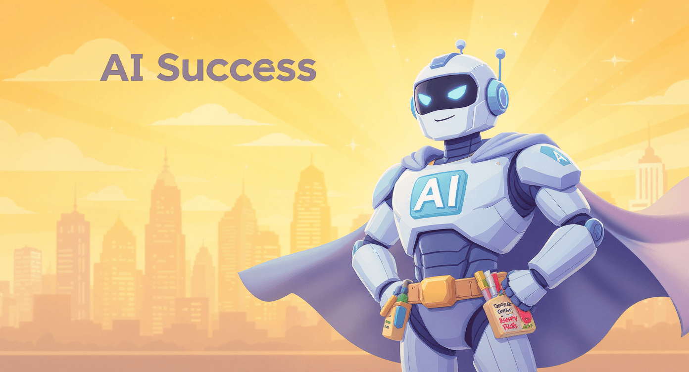 Robot superhero with prompting toolkit utility belt ready for AI success - AI prompting confidence and readiness