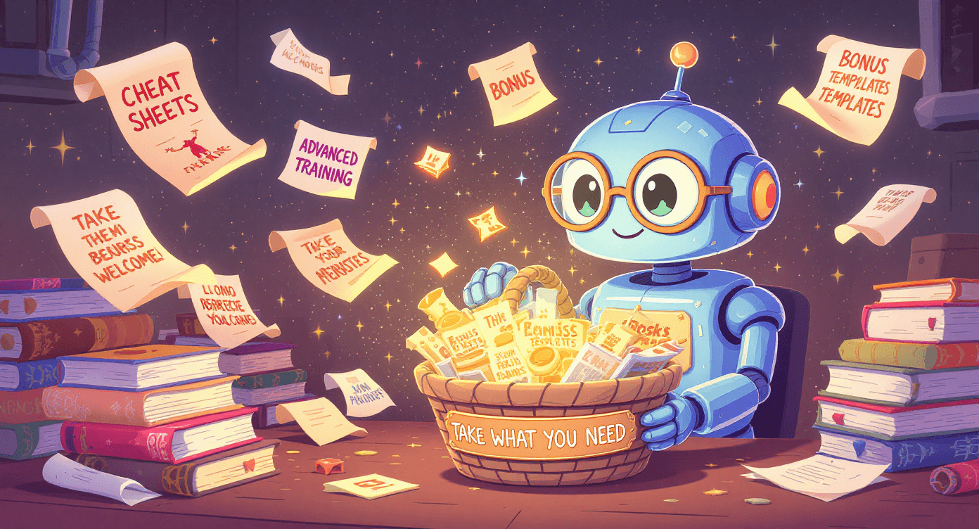 Robot librarian organizing AI prompting resources in take what you need basket - AI learning materials collection
