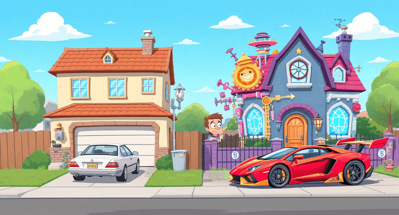 hatGPT vs Claude AI comparison showing neighbor's basic car versus advanced sports car with hidden features and gadgets