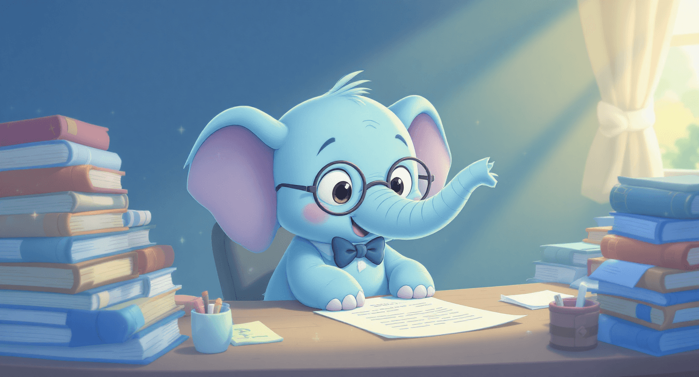 Claude AI memory feature illustrated as elephant with perfect recall sitting among organised memory files and books