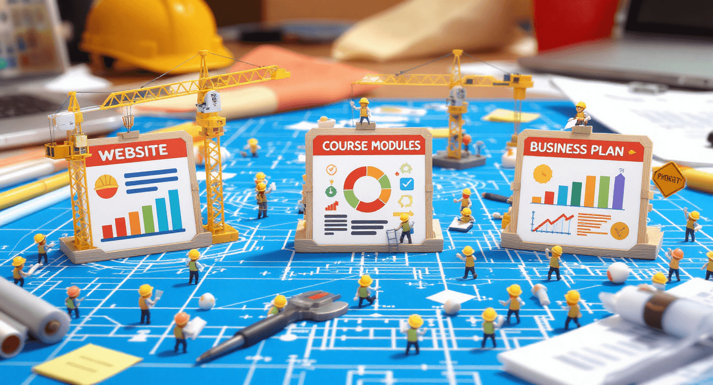 Claude AI long-term project management illustrated as construction workers building website redesigns course creation and business strategy simultaneously