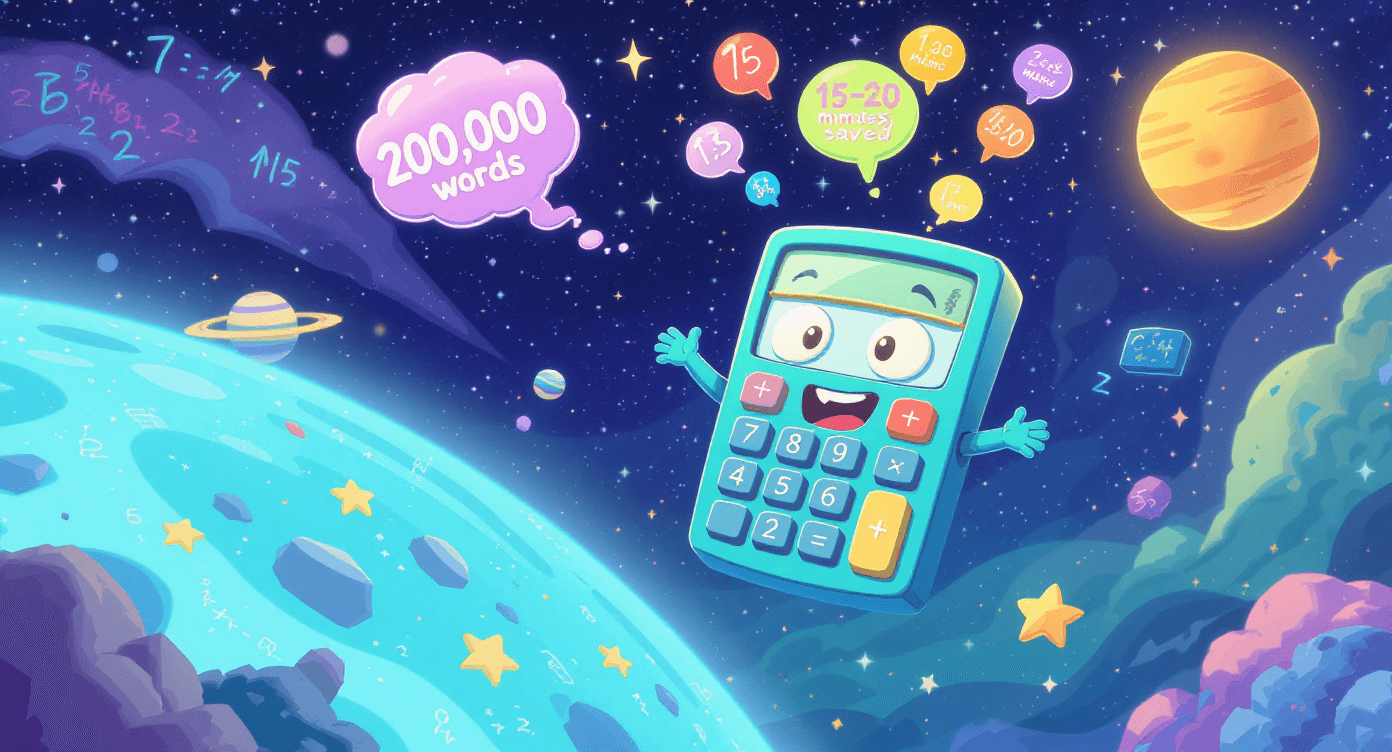 Claude AI conversation capacity and time savings statistics shown as friendly giant calculator with floating numbers in space