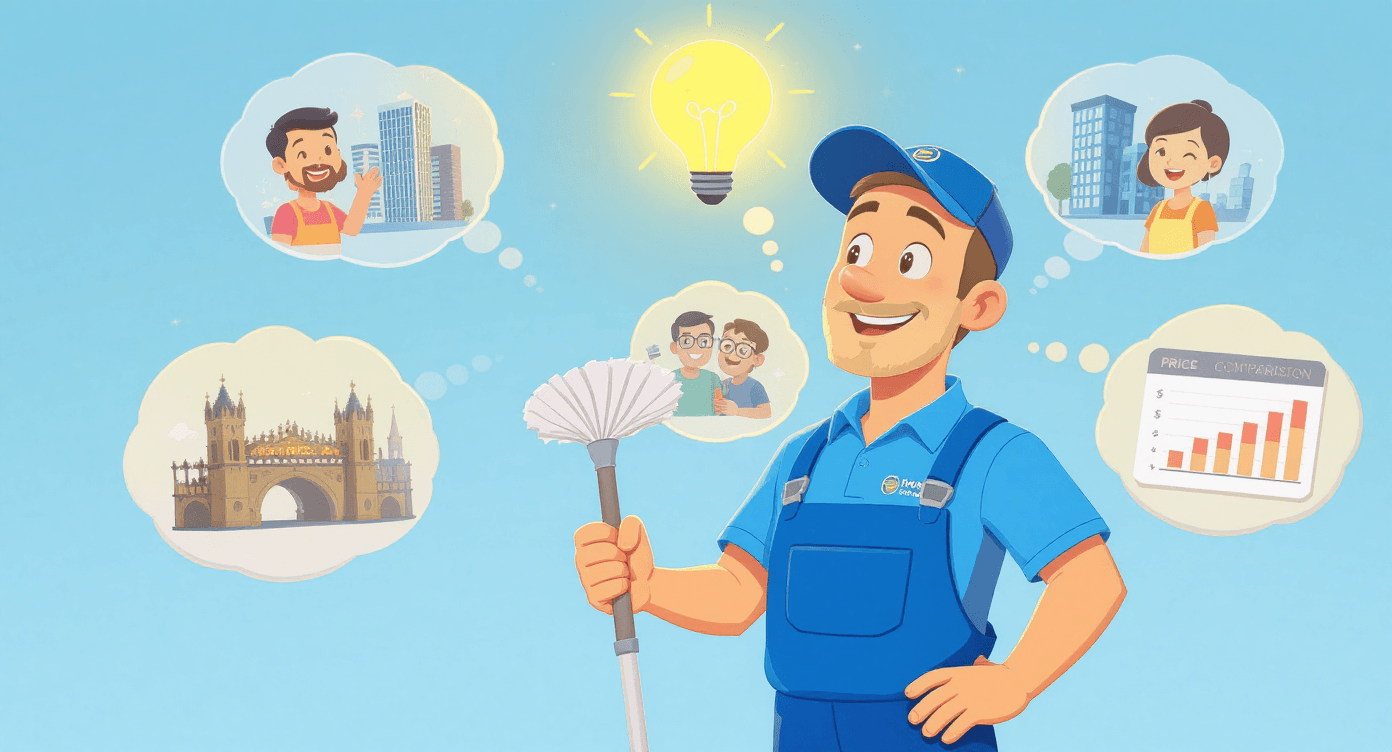 Claude AI cleaning services pricing decision illustrated as business owner with visible thought process showing Manchester customers competitors and pricing strategy