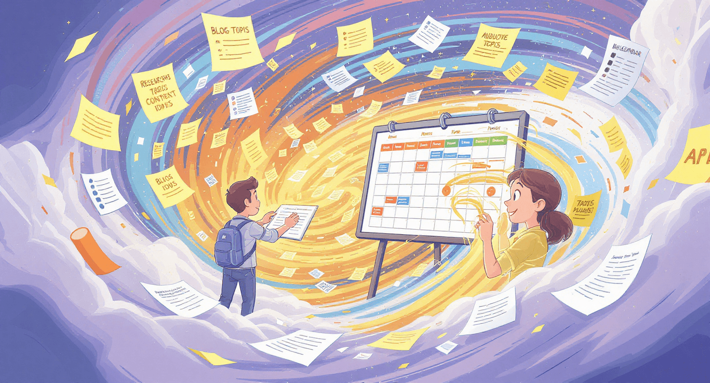 Claude AI content strategy planning shown as creator organizing scattered research into structured content calendar and publishing themes