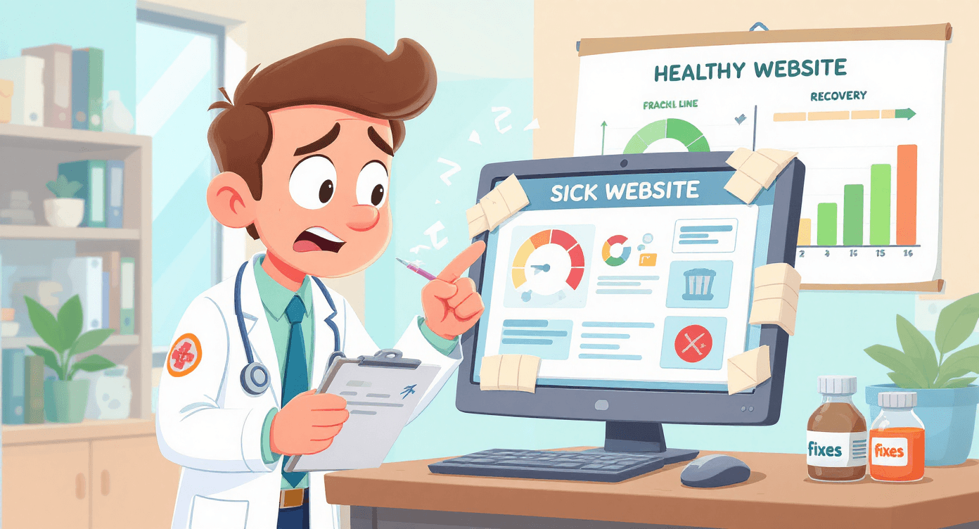 Claude AI website troubleshooting illustrated as doctor diagnosing and treating sick website with specific technical fixes and solutions