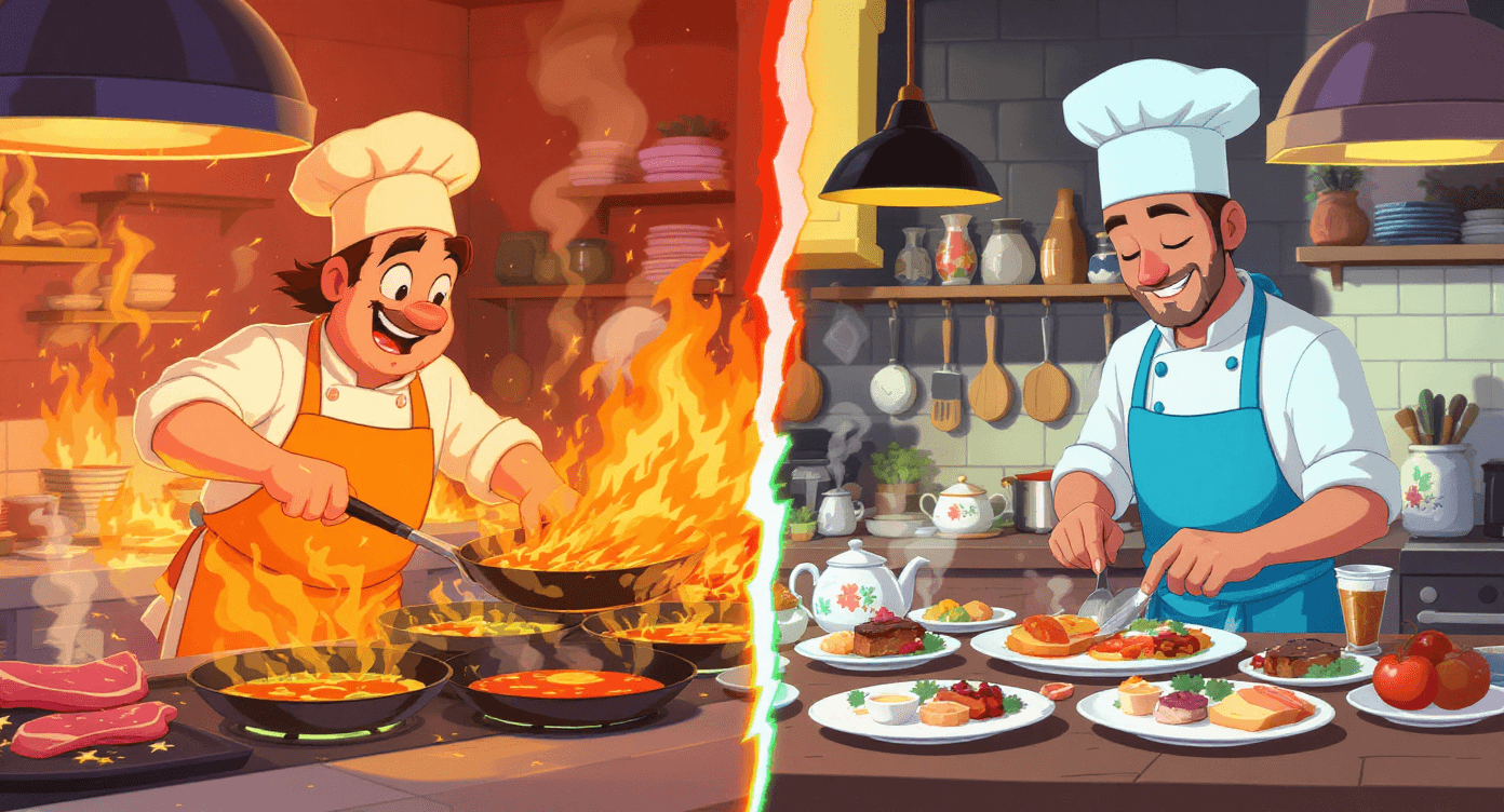 ChatGPT vs Claude AI comparison illustrated as energetic racer with sports car versus sophisticated businessperson with luxury vehicle showing different strengths