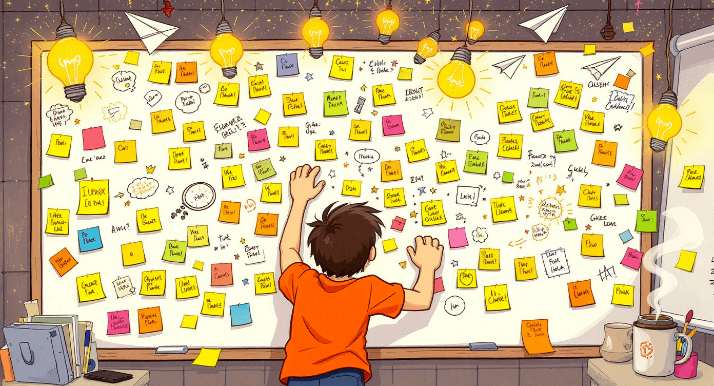 ChatGPT brainstorming session illustrated as energetic creative person with whiteboard sticky notes flying lightbulbs and scattered creative ideas