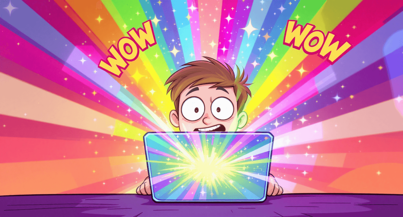 Claude AI wow factor illustrated as amazed person with mind blown by magical sparkles and rainbow effects from laptop screen