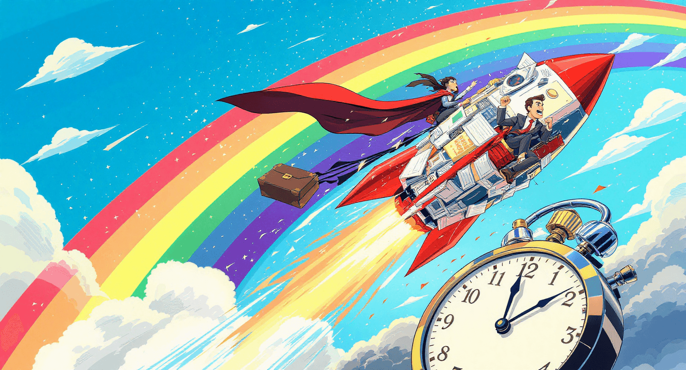 Claude AI productivity boost illustrated as businessperson on document rocket ship launching into sky with superhero cape and time acceleration effects
