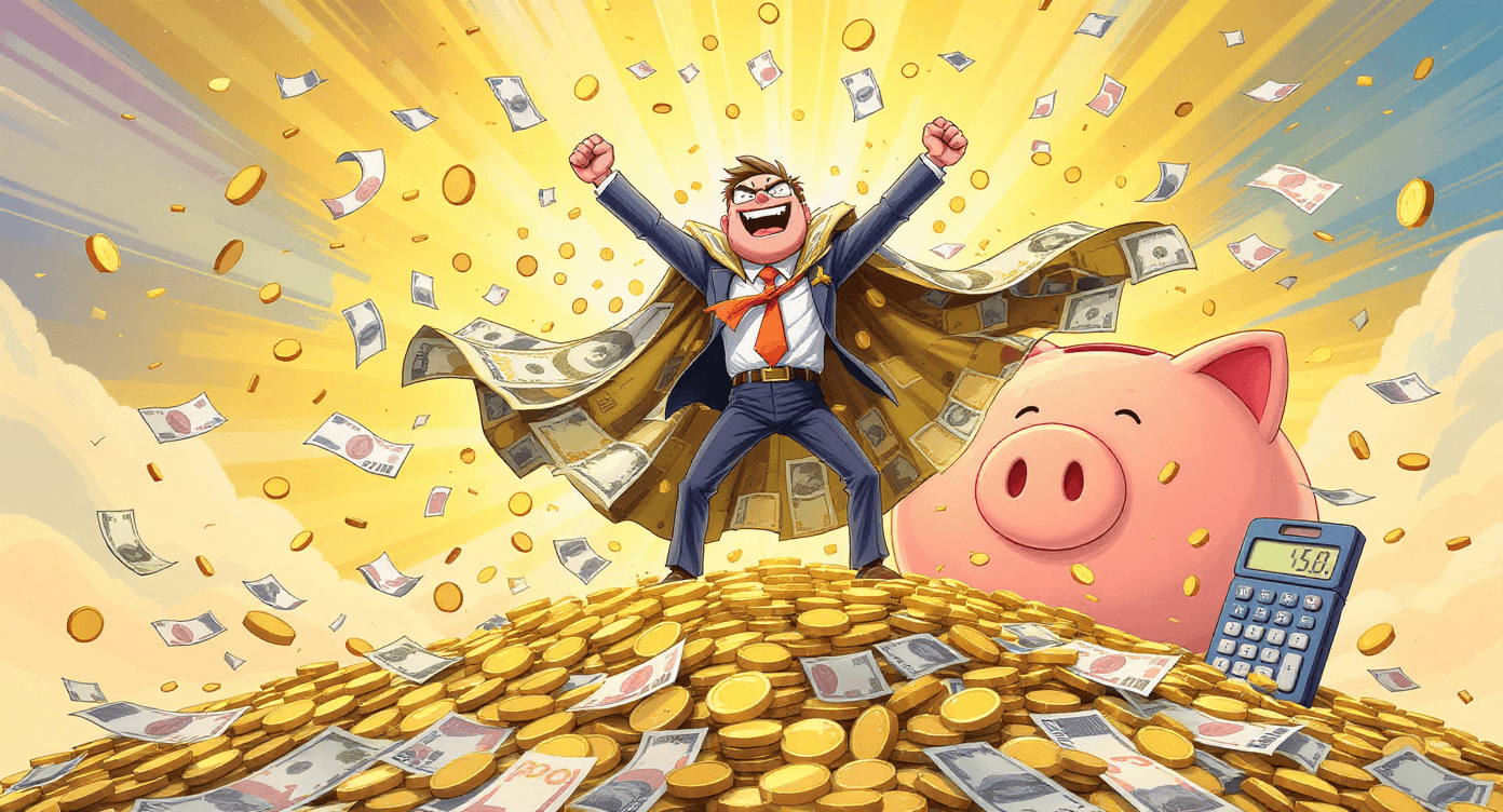 Claude AI cost savings illustrated as business superhero with money cape standing on coins with growing piggy bank and falling currency savings