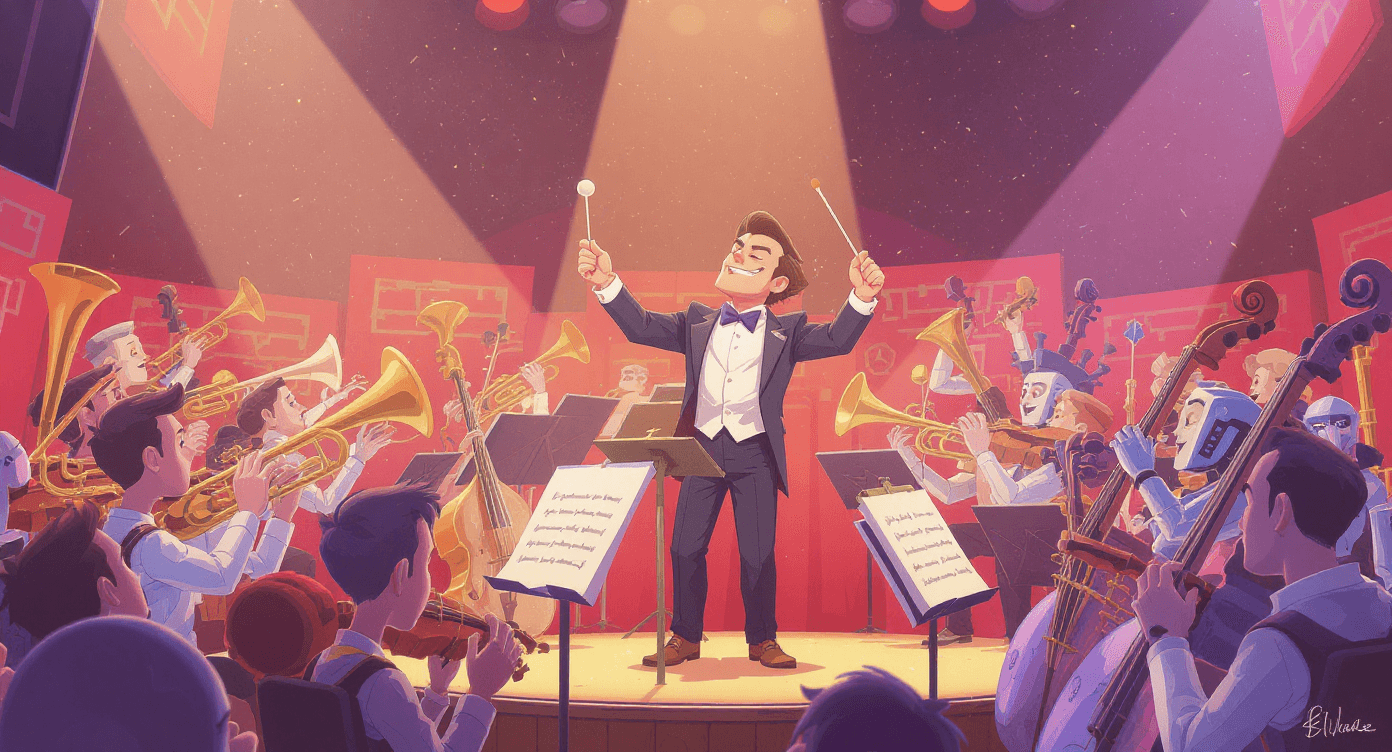 Bottom line AI strategy shown as conductor orchestrating different AI tools like ChatGPT and Claude for optimal results in business symphony