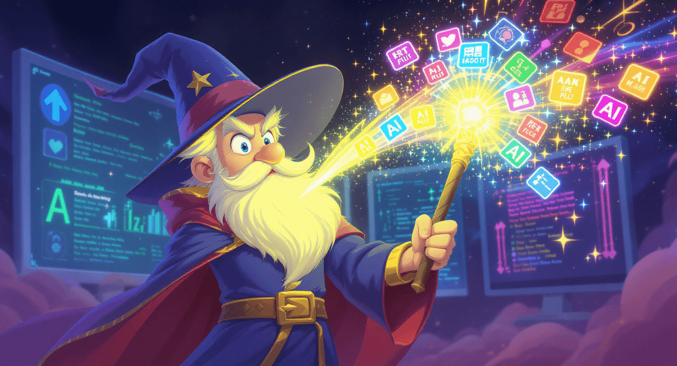 Prompt Like a Pro course illustrated as wizard casting perfect AI prompts like magic spells with amazing results and sparkle effects