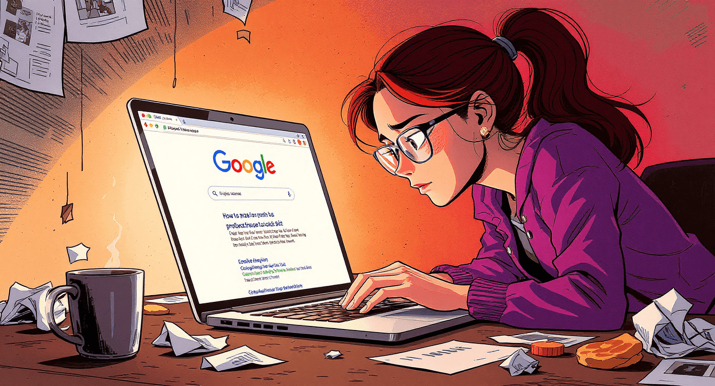 Frustrated business owner googling how to improve product photography at 3AM - relatable small business marketing struggles solved by AI photo editing