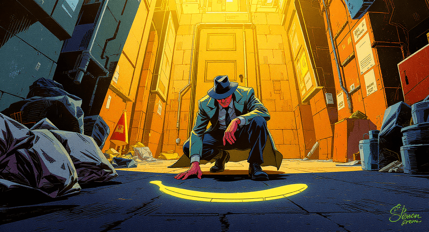 Cartoon detective at crime scene with banana chalk outline on ground - representing how Nano Banana AI solves amateur photography problems for small businesses