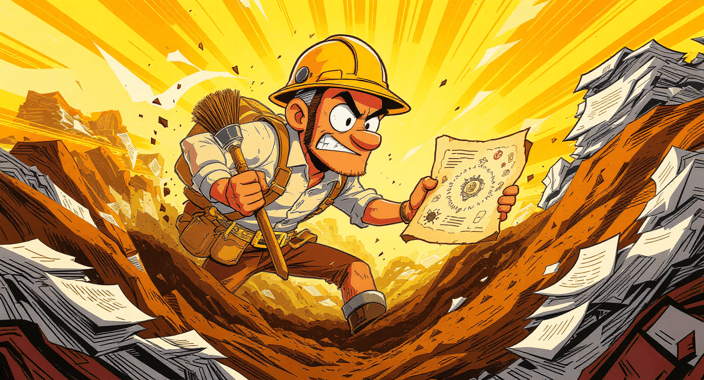 Comic book style archaeologist digging through document piles searching for information - representing research challenges solved by Nano Banana AI assistant