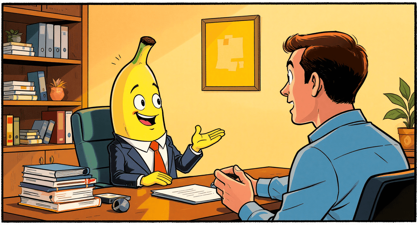 Comic book style scene of banana character consulting with human about photo editing - representing Nano Banana AI's helpful guidance for small business photography