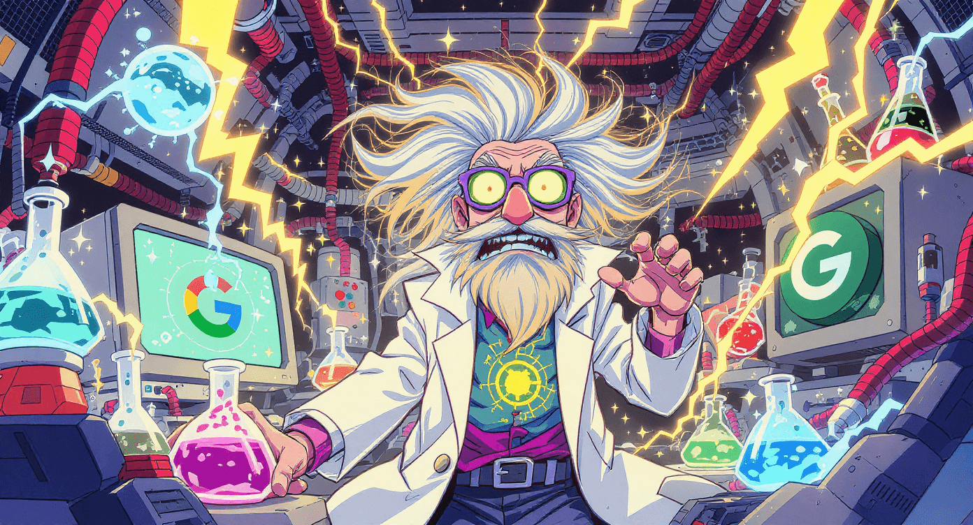 Comic book style Google Labs scientist creating AI technology in laboratory - representing the innovative team behind Nano Banana development