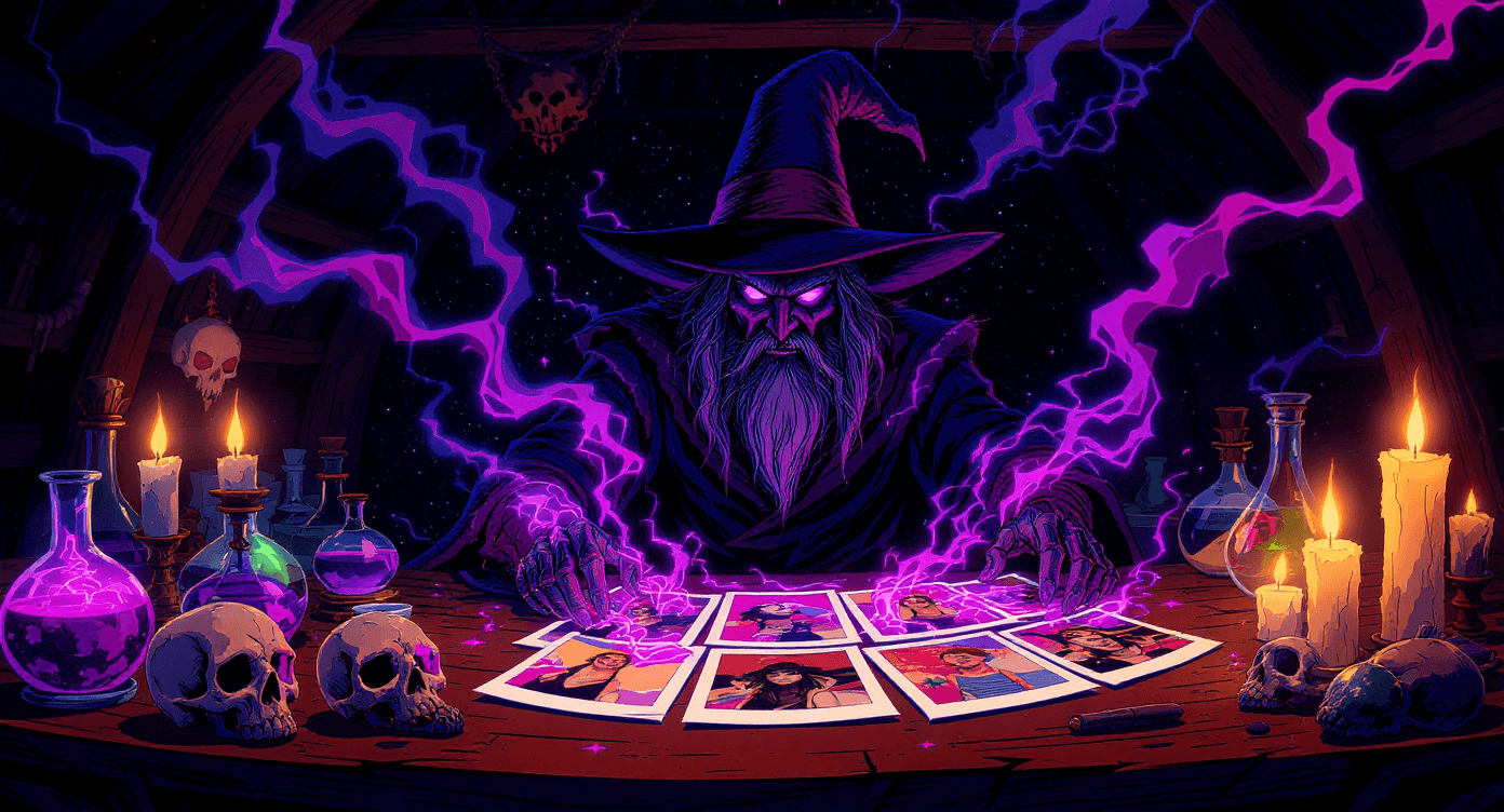 Comic book style voodoo witch doctor performing photo transformation magic ritual - representing the mysterious power of Nano Banana AI photo enhancement technology