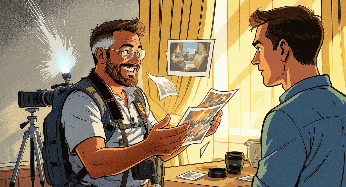 Comic book style amateur photographer showing off bad photos to unimpressed friend - representing unreliable photography help versus consistent Nano Banana AI results