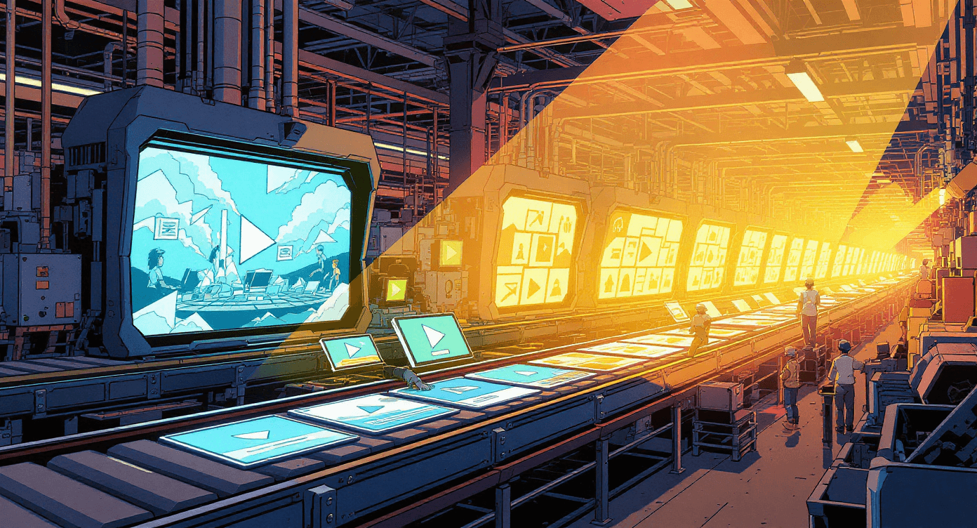 Comic book style factory converting videos into enhanced images and thumbnails - illustrating Nano Banana AI's video-to-image capabilities for content creation