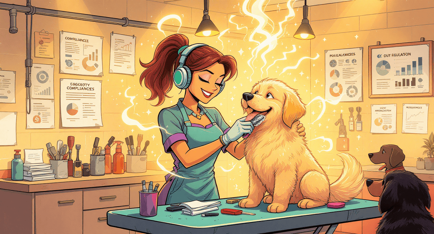 Comic book style woman grooming dog while learning business regulations via podcast - showing how Nano Banana AI enables productive learning during hands-on work