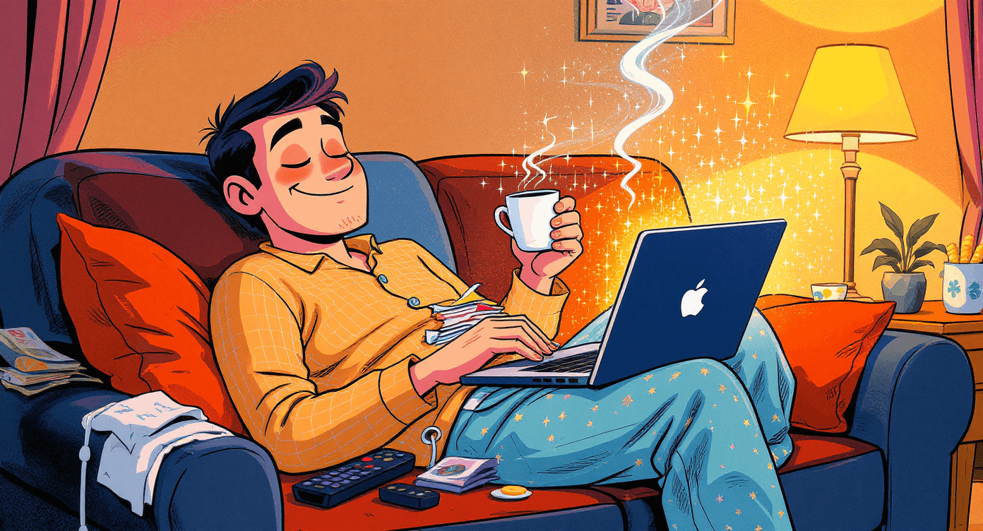 Comic book style person being productive from couch in pajamas - representing how easy Nano Banana AI makes photo editing for busy small business owners