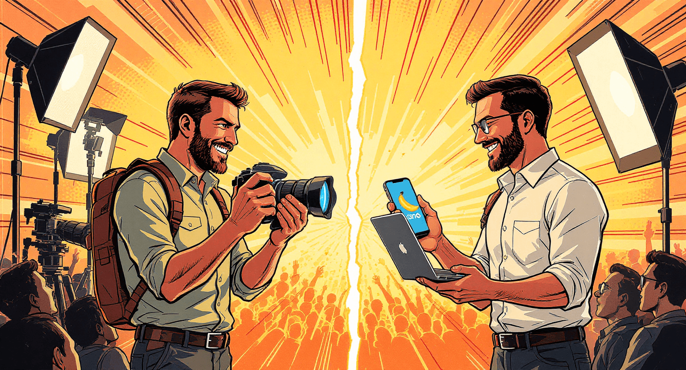 Comic book style face-off between professional photographer and small business owner using Nano Banana AI - showing how AI photo editing levels the playing field for amateur photography