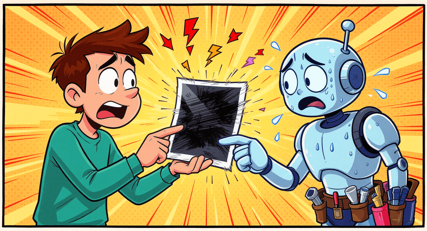 Comic book style person expecting AI to fix terrible photo beyond repair - representing realistic expectations when using Nano Banana AI photo enhancement