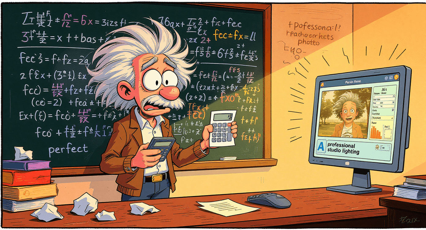 Comic book style confused mathematician trying to solve photo editing with complex formulas while simple Nano Banana AI prompt works perfectly - representing overthinking versus simple effective communication
