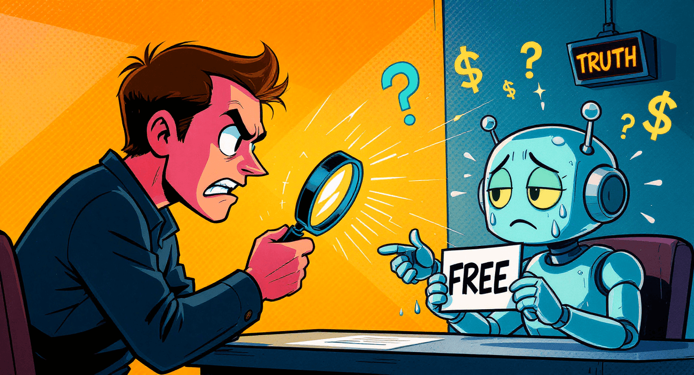 Comic book style person interrogating AI about free pricing under spotlight - representing common skepticism about Nano Banana AI's genuinely free features
