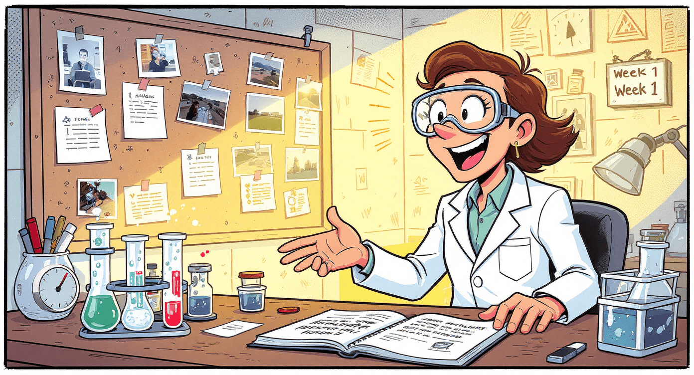 Comic book style person experimenting with photo editing techniques in lab setting - representing Week 1 of learning Nano Banana AI through systematic testing