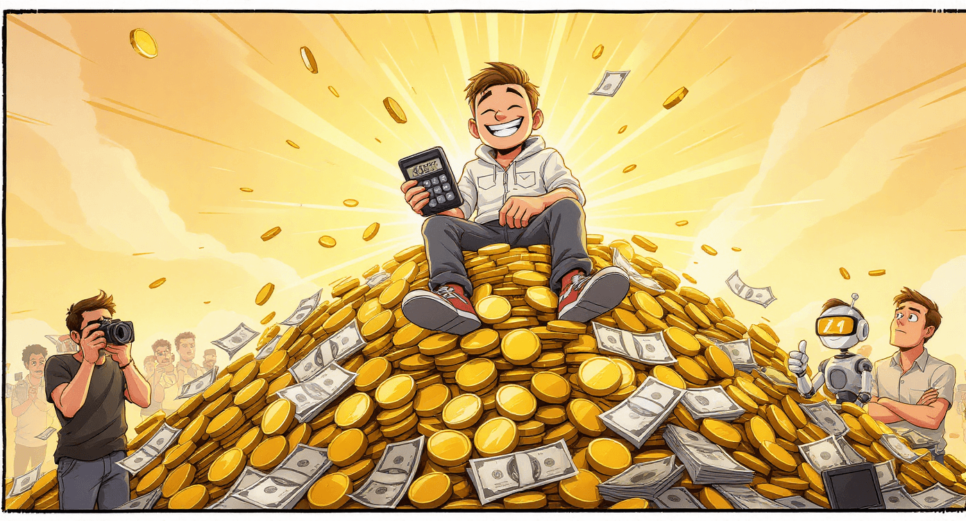 Comic book style person sitting on giant pile of money saved from using Nano Banana AI instead of hiring expensive photographers - representing significant cost savings for small businesses