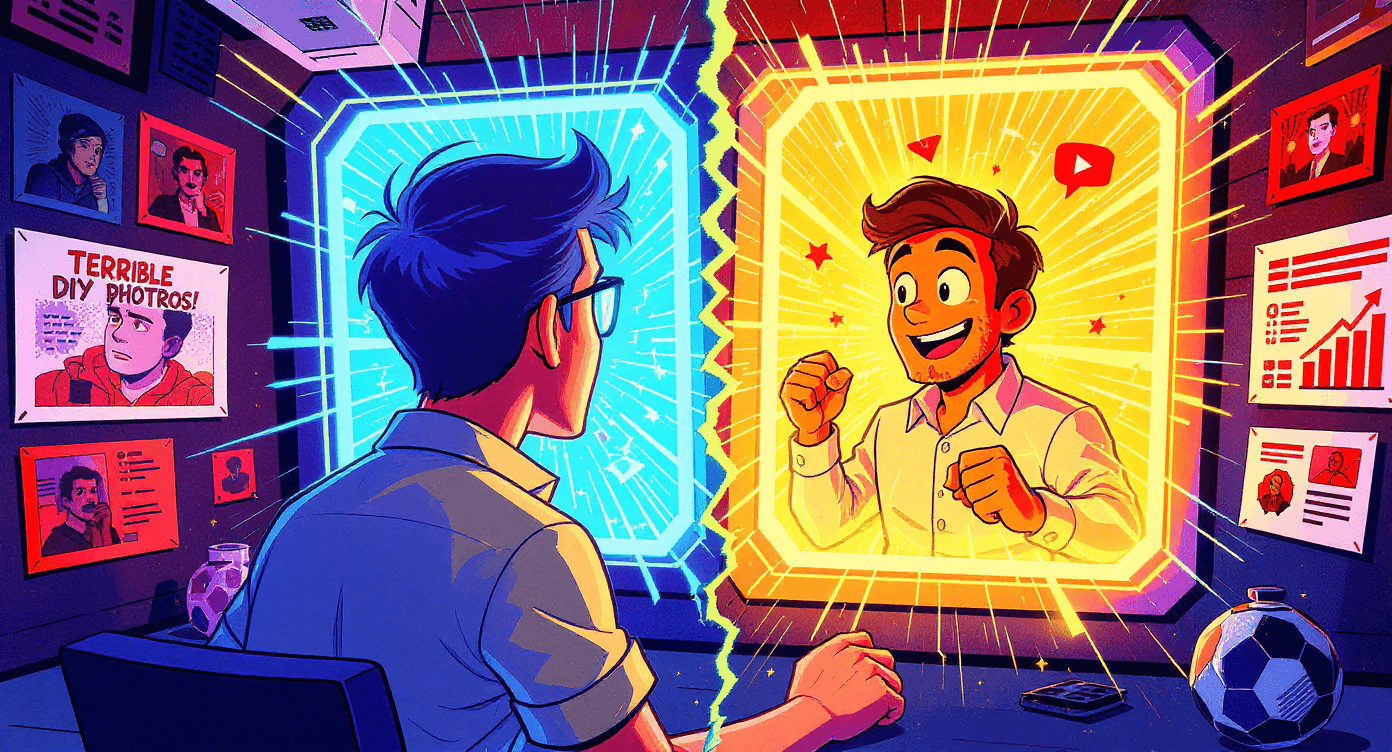 Comic book style business owner seeing amateur past versus professional present in magic mirror - representing transformation possible with Nano Banana AI photo enhancement
