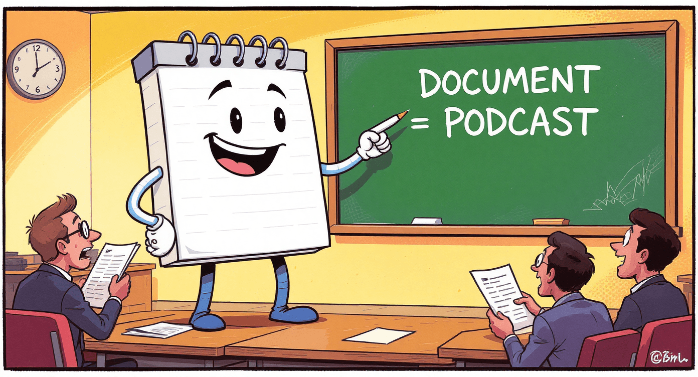 Comic book style giant notepad character teaching business people how to transform documents into podcasts - representing NotebookLM's AI document analysis education