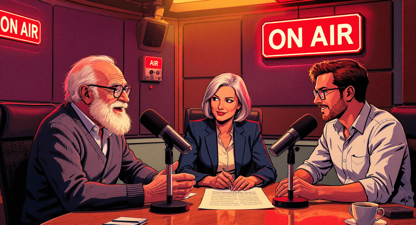 Comic book style three different BBC Radio 4 presenters in vintage studio discussing business documents professionally - representing the diverse quality of NotebookLM's AI-generated podcast conversations