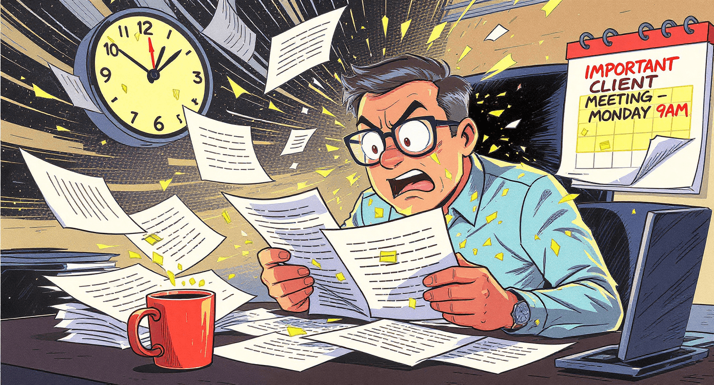 Comic book style person frantically speed reading documents before Monday meeting - showing weekend preparation stress solved by NotebookLM AI summaries