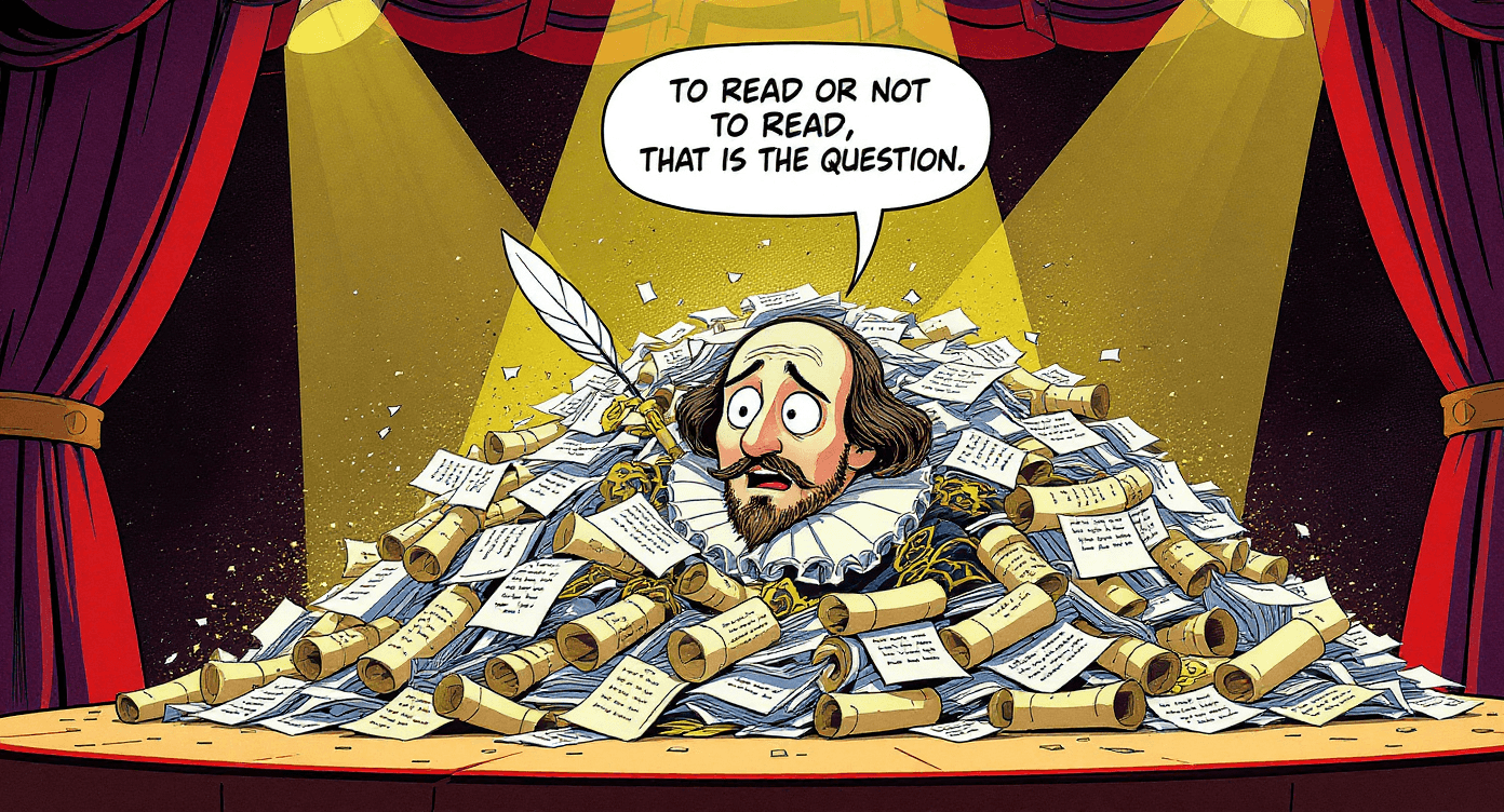 Comic book style Shakespeare character buried under avalanche of documents and manuscripts - representing the 25 million word capacity that would overwhelm even history's greatest writers before NotebookLM AI