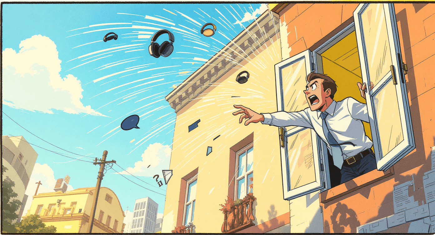 Comic book style businessman throwing headphones out window in frustration - representing anger at poor quality audio before discovering NotebookLM's professional podcast feature