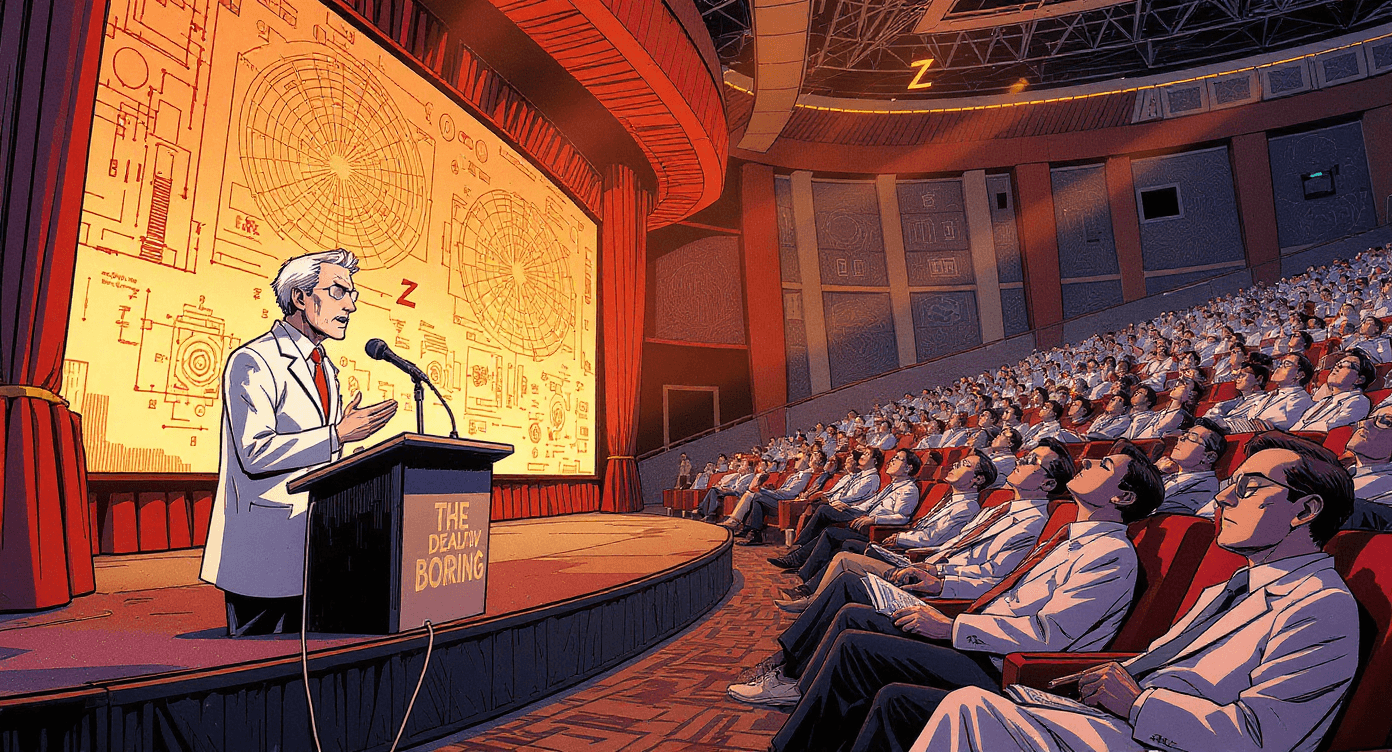 Comic book style boring science presenter putting entire convention audience to sleep with technical jargon - representing overly complex explanations NotebookLM avoids