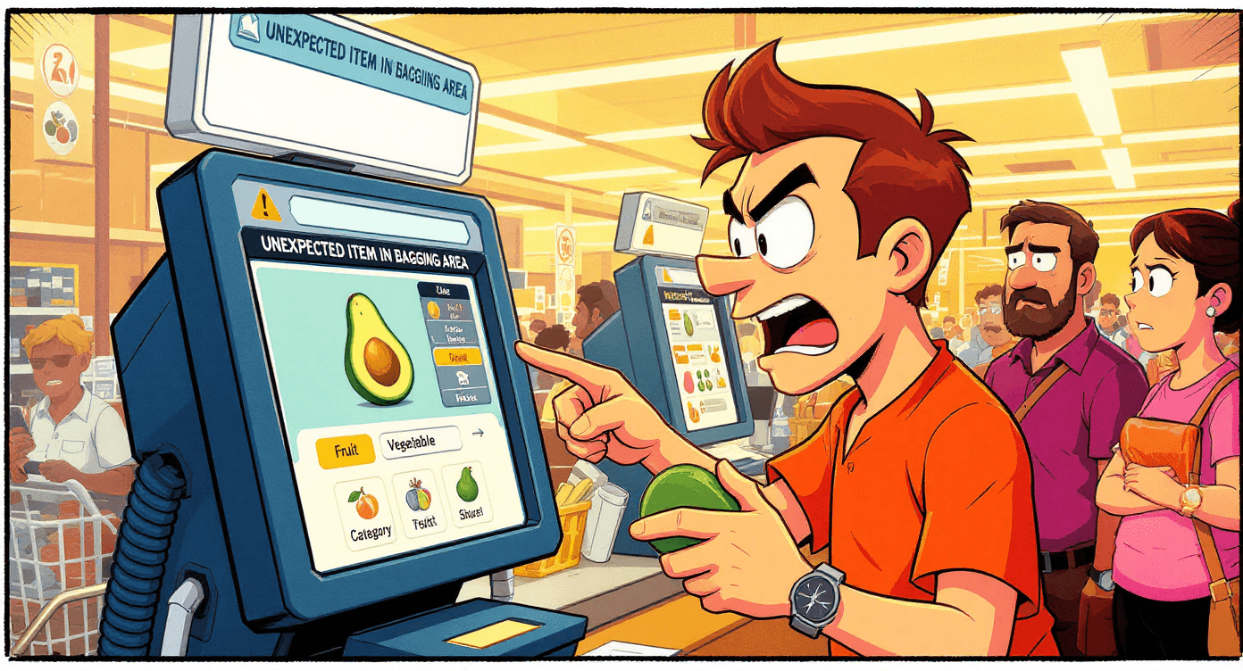 Comic book style person arguing with self-checkout machine about avocado classification while having mastered complex business knowledge - representing multitasking success after using NotebookLM AI
