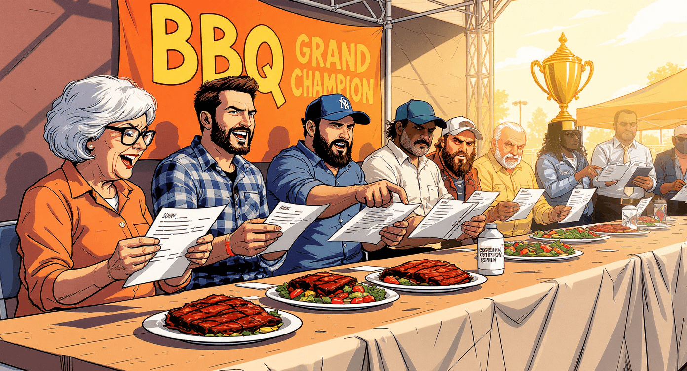Comic book style diverse BBQ competition judges celebrating meat dishes while dismissing sad vegetarian option - representing how Google services are unwelcome in certain countries versus widespread NotebookLM acceptance Now you have:  Elderly woman judge with grey hair and glasses Young hipster judge with beard and flannel Middle-aged man judge with baseball cap Professional food critic with notepad  Each character has distinct visual characteristics to prevent the AI from generating identical people while maintaining the same metaphor about unwelcome reception.RetryClaude can make mistakes. Please double-check responses.