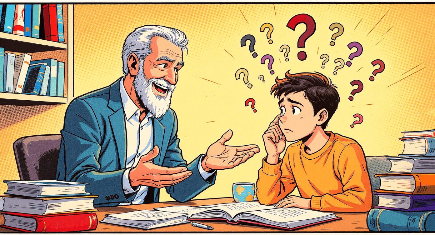Comic book style patient tutor answering same question 17 times without judgment - representing NotebookLM's interactive audio feature that explains concepts repeatedly for business users