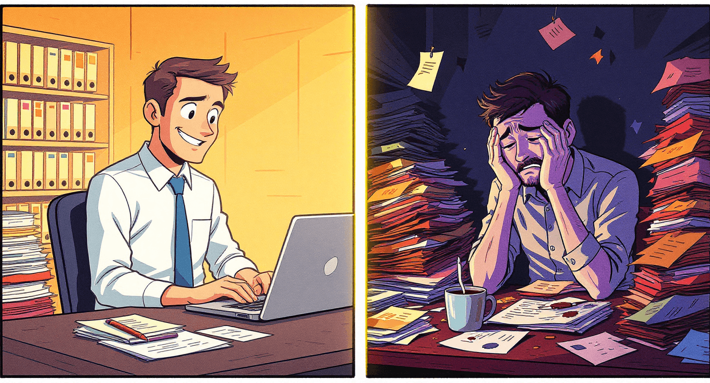 Comic book style organized colleague making messy person feel guilty about chaos - representing NotebookLM's study guides without the shame of human comparison