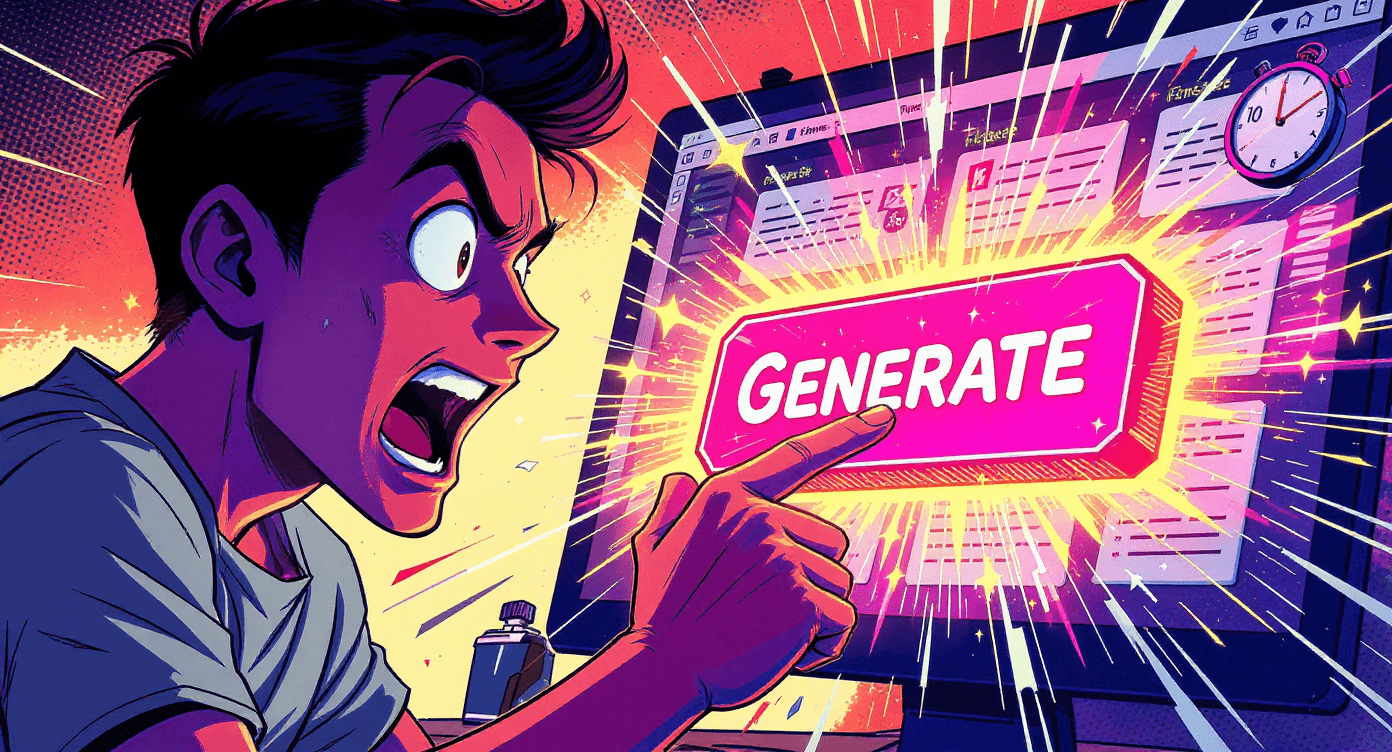 Comic book style person about to press magical Generate button with sparkles - representing the exciting moment of creating first NotebookLM audio overview