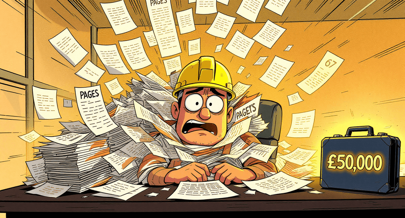 Comic book style property developer overwhelmed by massive legal contracts with £50,000 at stake - representing complex document analysis problems solved by NotebookLM AI