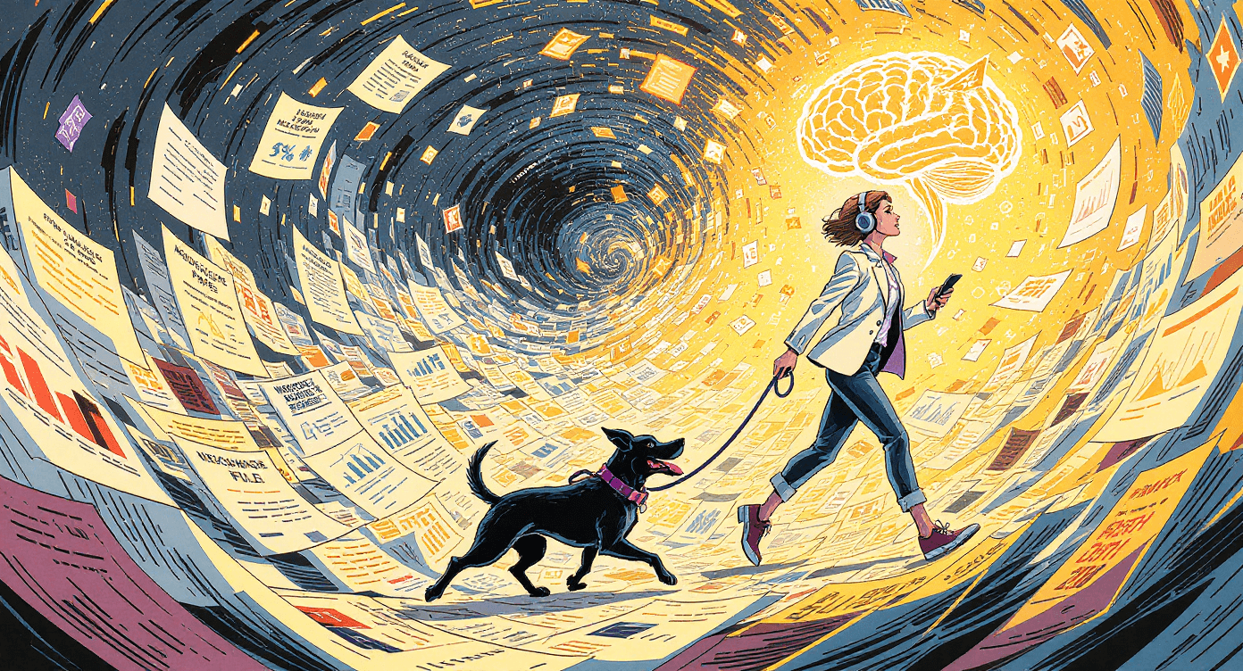 Comic book style marketing consultant calmly walking dog while absorbing complex research via headphones - representing efficient learning through NotebookLM audio overviews 